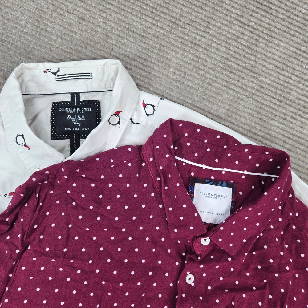 Denim & Flower Mens Large Multi Color Polka Dot Penguin Print Button Down Shirt